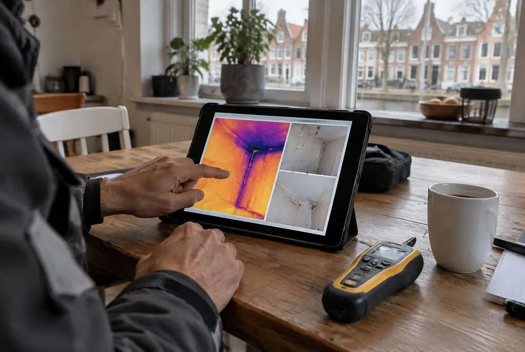 Lekdetectie Vreeland – lekdetectierapport met warmtebeelden en foto's op een tablet