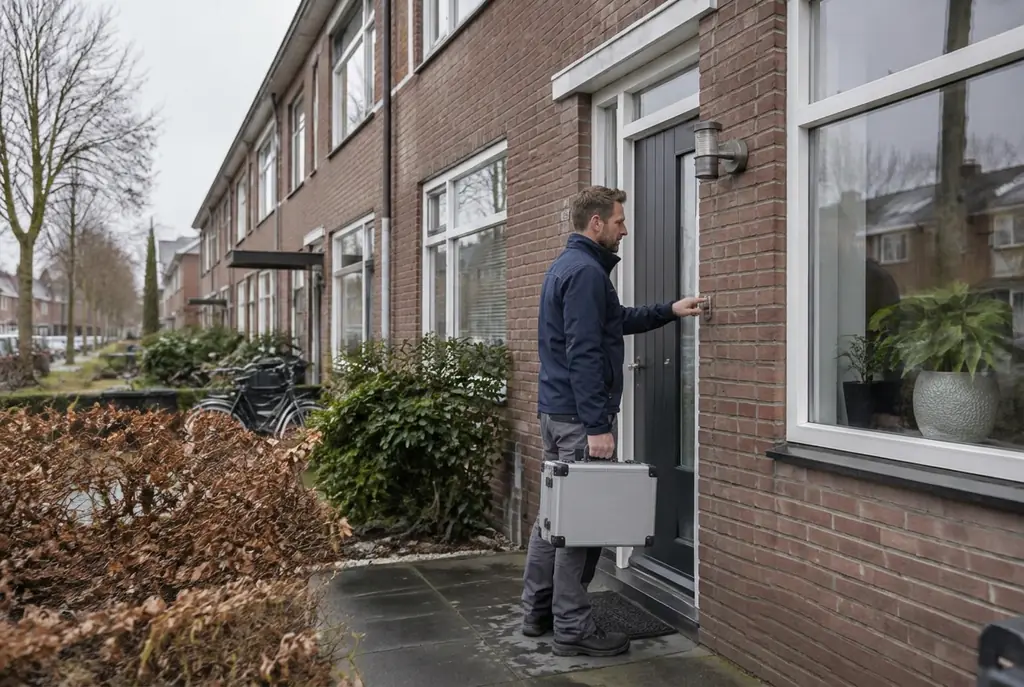 Lekdetectiespecialist met meetkoffer bij de voordeur van een woning in Vreeland